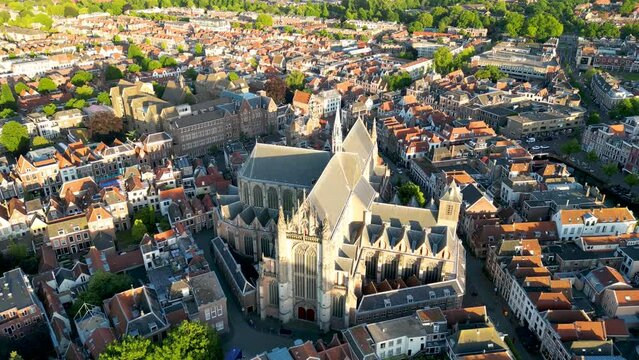 Aerial drone video of the Hooglandse Church in the city centre of Leiden