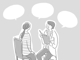 白衣を着た医者と話す女性（患者）（フキダシ有り、モノクロ）