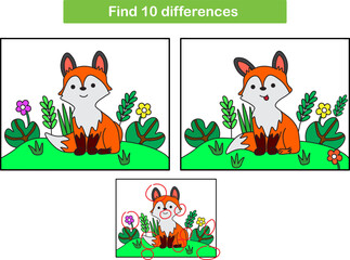 Find 10 differences on cute orange fox pictures. Education of preschoolers. Vector illustration