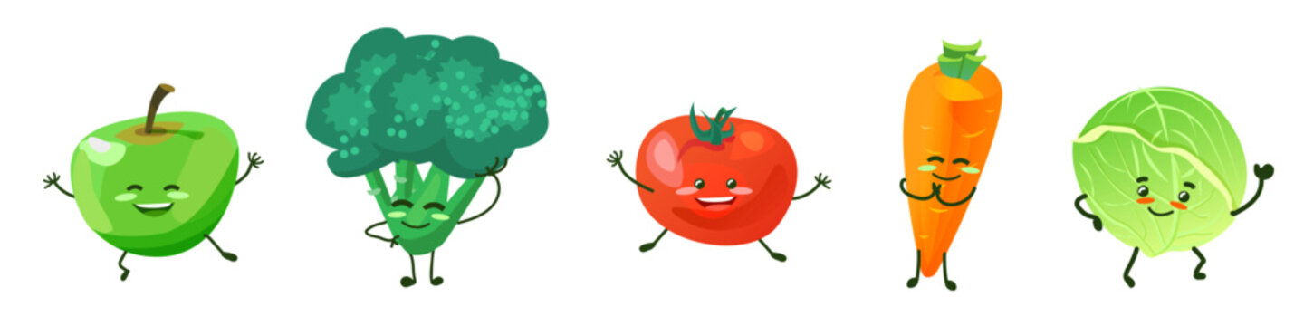 Funny cartoon set of different vegetables. Smiling apple, carrot, tomato, cabbage, broccoli. Cute apples. Vector illustration isolated on white background.  Vitamins