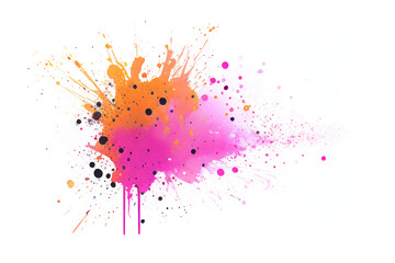 Multicolored pink and orange abstract paint splash with drips isolated on white  background