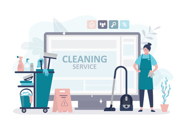 Online order cleaning service on website or app. Housekeeper, woman dressed in uniform with cleaning equipment. Female character doing housework. Professional occupation. - obrazy, fototapety, plakaty