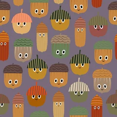 Fotobehang Cute autumn character print,  Kawaii acorn backdrop,  c, Nursery wallpaper, Children fabric design, Fall colors background, Acorn Seamless Pattern © VitaZukaArt