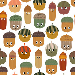 Cute autumn character print,  Kawaii acorn backdrop,  c, Nursery wallpaper, Children fabric design, Fall colors background, Acorn Seamless Pattern © VitaZukaArt