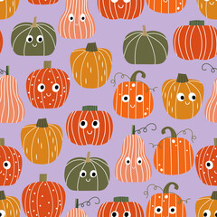 Autumn seamless pattern, cute kawaii cartoon characters, Nursery seamless pattern, Scandinavian thanksgiving day, Halloween background, Fall season backdrop for children, Children fabric design