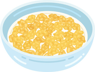 皿に盛り付けられた、牛乳をかけた、コーンフレークのイラスト