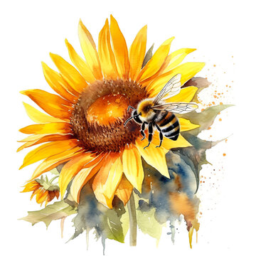 A watercolor painting of a bee on a sunflower. Generative AI.
