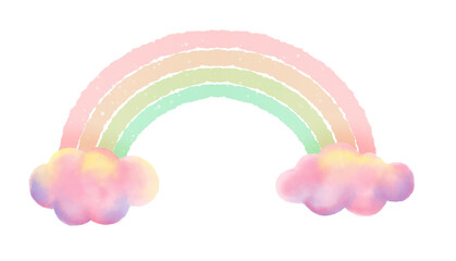 Sweet colorful pastel rainbow with cute clouds isolated on white background 