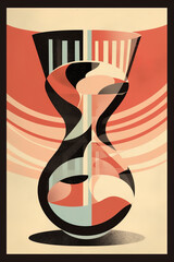 Hourglass, sand clock or egg timer, Bauhaus style background, trendy 20s geometric design poster, generative AI