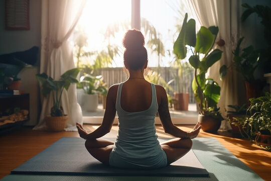 Mujer sentada, haciendo yoga en su casa durante el amanecer en la posición del loto, sobre fondo de iluminación a través de una ventana