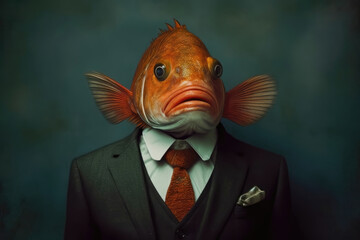 Fototapeta na wymiar A Surreal Display of Creative Fusion: Portrait of a Fish Wearing a Classic Business Suit, Where Aquatic Meets Corporate. Generative AI