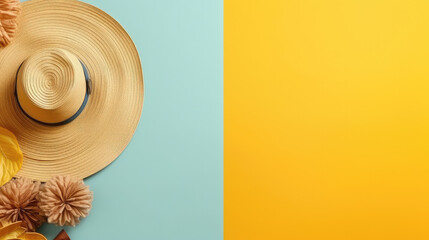 fondo, amarillo y turquesa claro con sombrero de paja,  ilustración de ia generativa