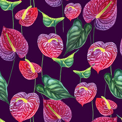 Red anthuriums watercolor seamless pattern. Tropical flowers trendy magenta colors endless background. Exotic plants with leaves for fabric and wallpaper.