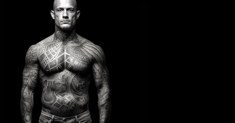 Fototapeta na wymiar Confident man with muscular body tattooed,Assertive tattoo artist posing in a dark studio with a half-naked body wearing jeans, tattooed in a japanese irezumi style, looking cool and confident.