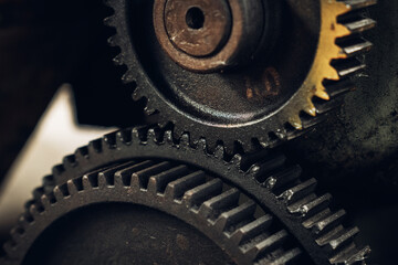 Close-up old industrial gear wheels., industry parts concept.