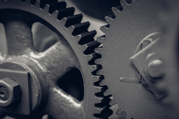 Close-up old industrial gear wheels., industry parts concept.
