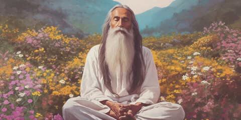Fototapeta premium Indian Guru, a man siddha yoga teacher with long hair, sitting in meditation asana. AI Generative
