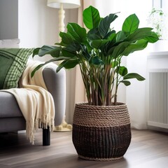 Green Plant in a Decorative Basket in Modern Interior. Generative AI