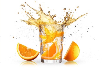 Naklejka na ściany i meble Orange juice in a glass with splashes on a black background. Generative AI
