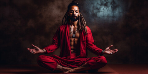 Indian Guru, a man siddha yoga teacher with long hair, sitting in meditation asana. AI Generative