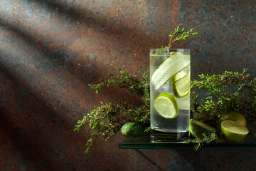 Gin and Tonic with ice, lime, cucumber, and juniper.