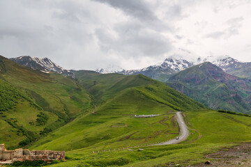 Fototapeta na wymiar Kazbek or Kazbegi mountain,near the Gergeti Trinity Church ,Stepantsminda village in Georgia ,At an altitude of 2170 meters, 