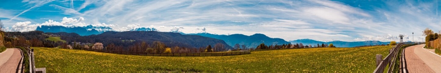 High resolution stitched spring panorama at Mount Ritten, Oberbozen, Bozen, Dolomites, South Tyrol, Italy