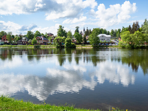 view of Kelar pond in Sergiev Posad town on sunny May day
