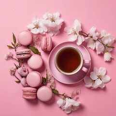 Fototapeta na wymiar Macarons, Tea, and Blossom on Pink. Generative AI