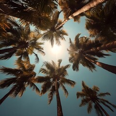Fototapeta na wymiar Palms Against Sky - Low Angle View. Generative AI