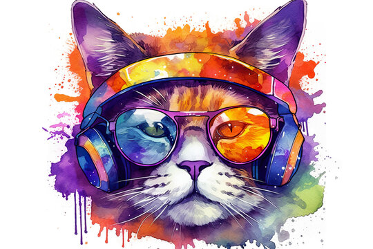 A watercolor painting of a cat wearing headphones. Generative AI.