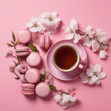 Macarons, Tea, and Blossom on Pink. Generative AI