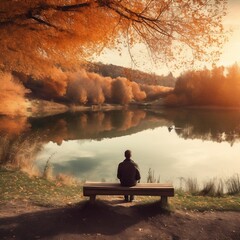 Naklejka na ściany i meble Man Sitting near Peaceful Lake - Back View. Generative AI