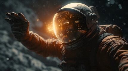 Obraz na płótnie Canvas Astronaut in open space hovers freely in outer space above the planet, sunrise or sunset. Illustration about science and space exploration, generated by AI