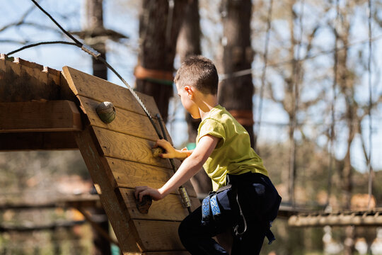 Focused boy on climbing wall in rope park