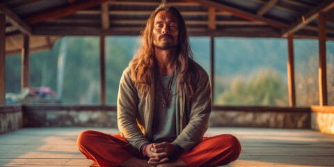 Obraz premium India Rishikesh, outside near Gange river, a man siddha yoga teacher with long hair, sitting in meditation asana. AI Generative