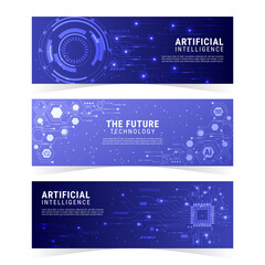 AI Technology Horizontal Banner Set. Artificial Intelligence in Science and Business, Smart Machine Concept
