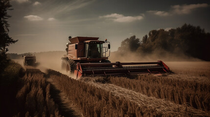 Obraz premium Rural harvest: Tractor in action gathering crops. Generative ai