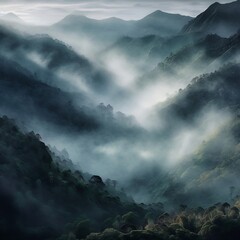 Misty Foggy Mountain Landscape. Generative AI