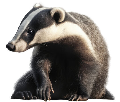 Front view of sitting badger isolated on a white background as transparent PNG, generative AI animal