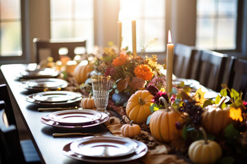 Seasonal table setting with pumpkins and flowers