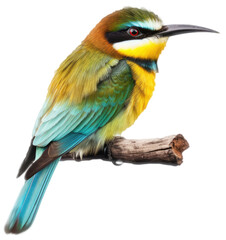 Fototapeta premium A colorful bee-eater bird sitting on a branch isolated on white background as transparent PNG, generative AI animal