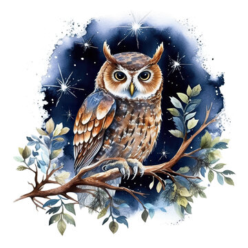 A watercolor painting of an owl sitting on a branch. Generative AI.