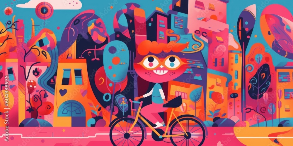 Canvas Prints A cartoon character riding a bike through a city. Generative AI image.