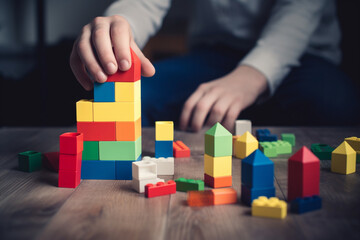 Brand Building: An unrecognizable man arranging colorful building blocks with brand logos
