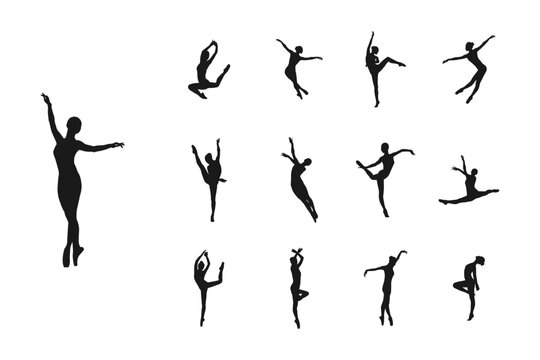 Set of thirteen silhouettes of poses of ballerinas.Set of silhouettes of ballerinas in dances,movements,positions.set of silhouettes dancing in various poses and positions.isolated on white background