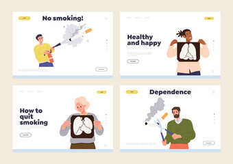 Landing page design template set with campaign against smoking and happy people breaking bad habit