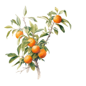 Botanical illustration, branch with oranges watercolor style illustration, PNG. Generative AI