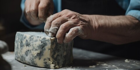 Close up hands an artisan cheese maker prepares a small-batch, cave-aged blue cheese, concept of Food fermentation, created with Generative AI technology - obrazy, fototapety, plakaty