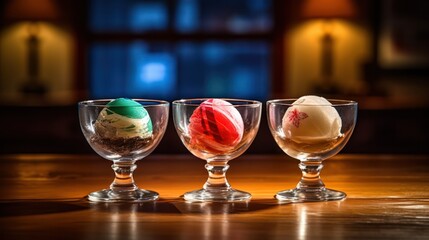 Assorted ice cream in balls with colors of the American flag in glass bowls on a wooden table against the backdrop of a cafe. Ice Cream Day. Generative AI